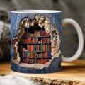 Mug with a design of a bookshelf inside a stone wall