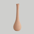 Beige vase on a light grey background with measurements displayed.