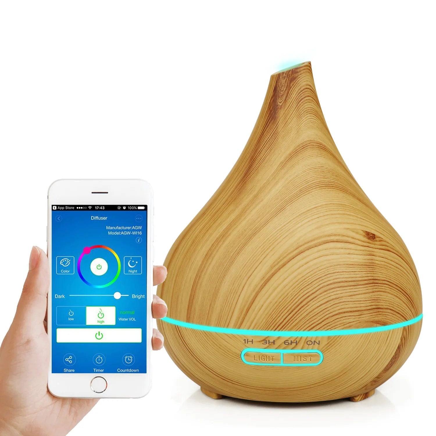 Wooden diffuser with smartphone displaying app interface on a white background