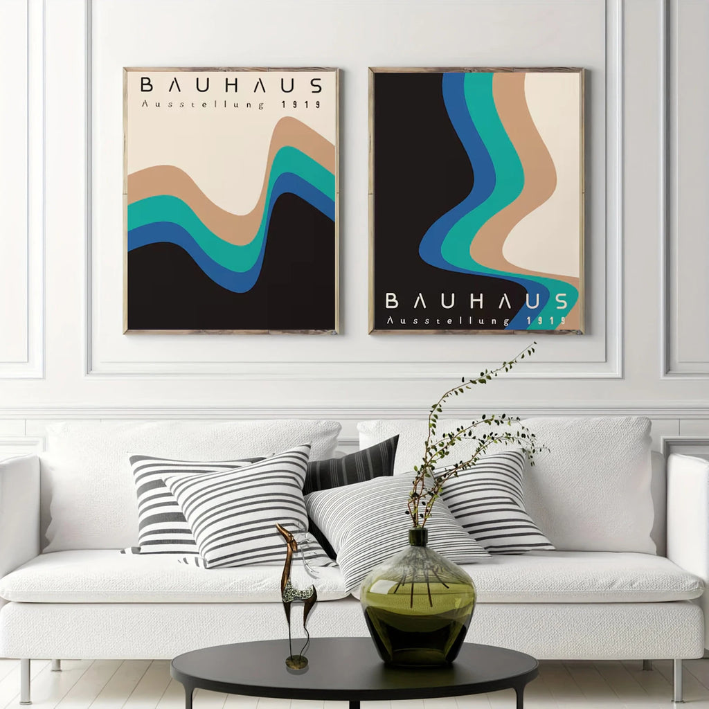 Two Bauhaus-themed wall art pieces in a living room setting.