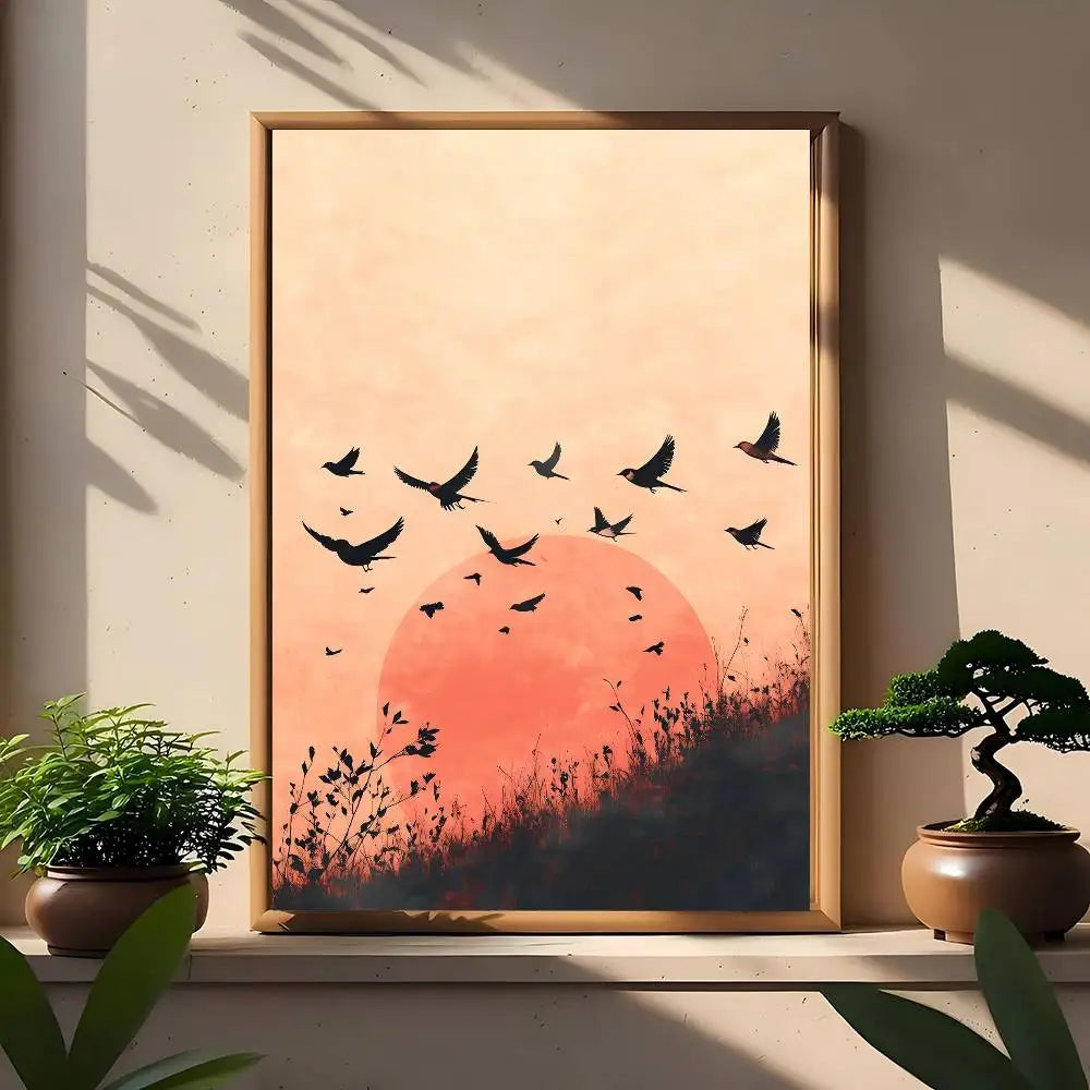 Sunset meadow canvas print with blush-pink sun, soft sky gradient, and birds flying above silhouetted grasses.