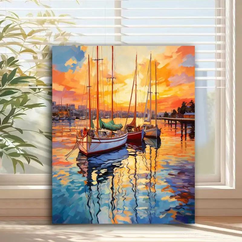 Impressionist-style painting of sailboats in a harbour during a bright orange and yellow sunset.
