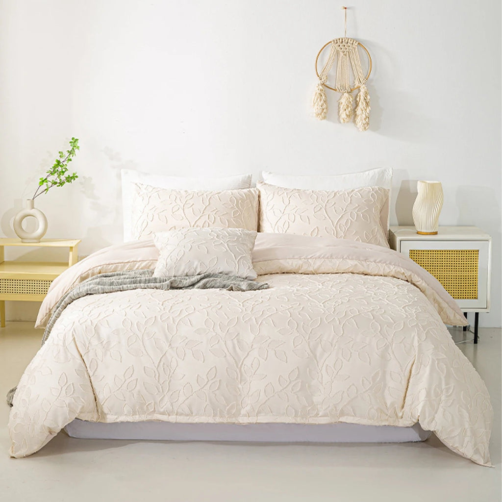 Cream textured 3-piece bedding set styled in a minimalist bedroom