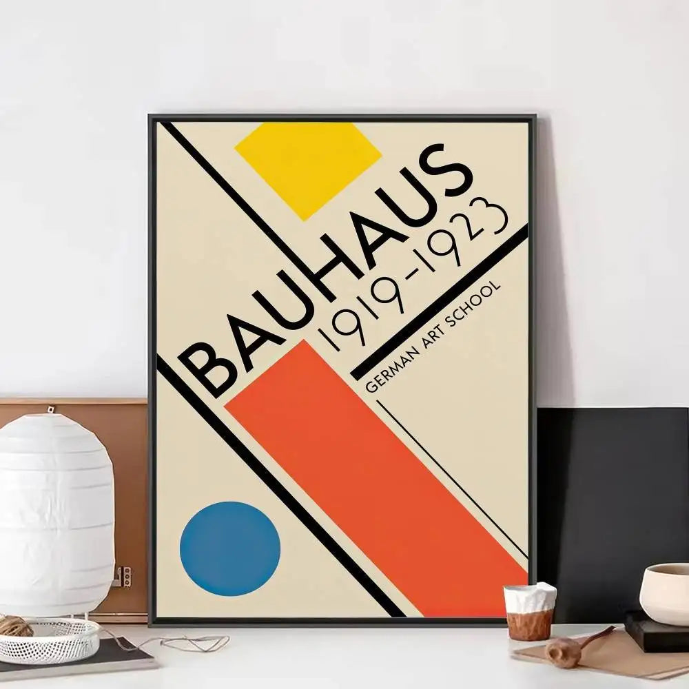 Bauhaus poster print with bold diagonal lines, geometric shapes, and “1919–1923” typography on a neutral background.