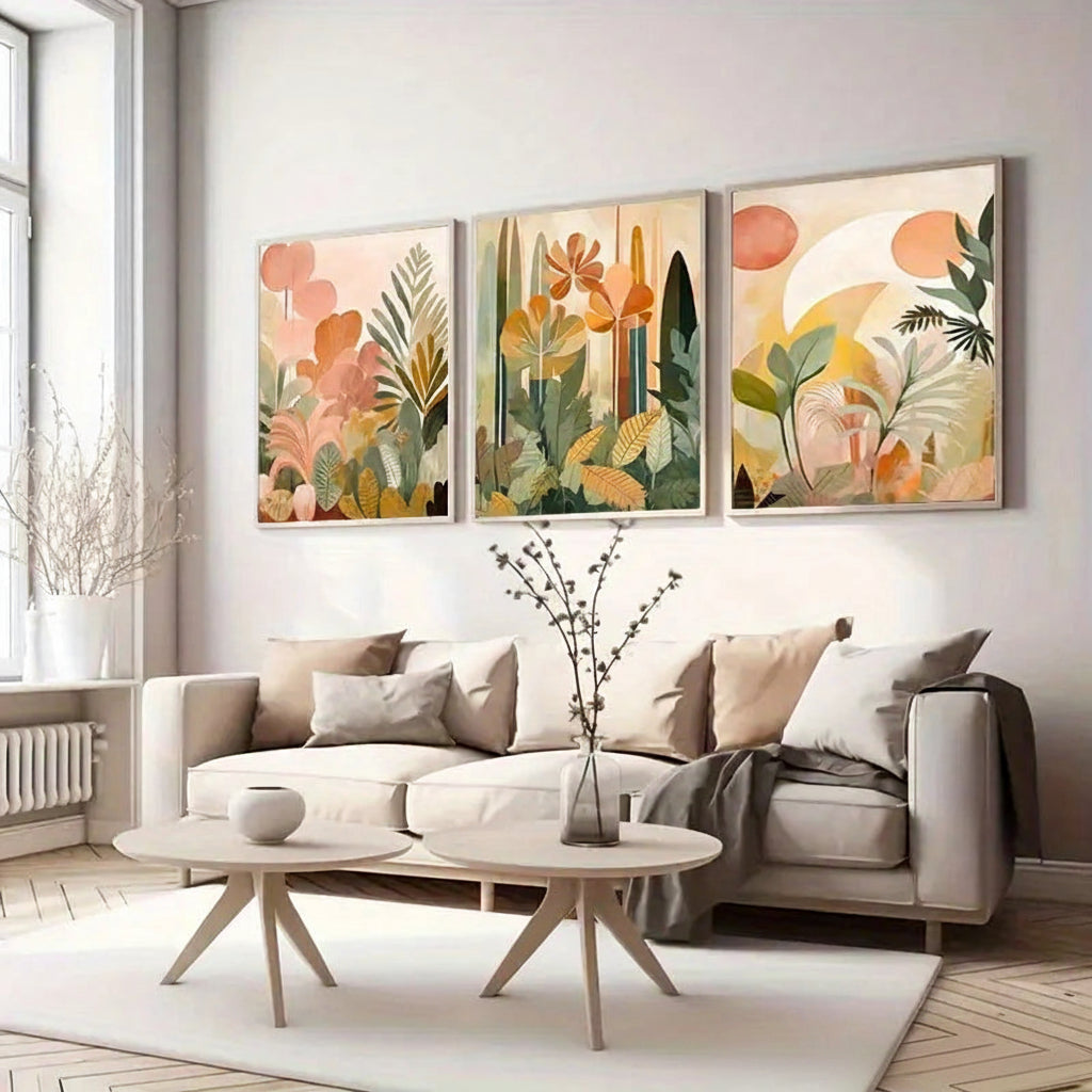 Right floral canvas print with soft botanical shapes, sun-like arch, and layered foliage in warm neutral colours