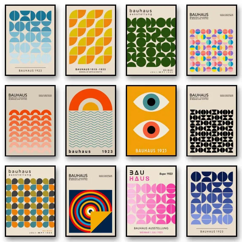 Collection of Bauhaus style posters with geometric patterns and text.