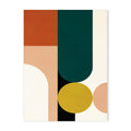 Modern geometric canvas print with vertical green form, mustard circle, rust block, blush arch, and black accents