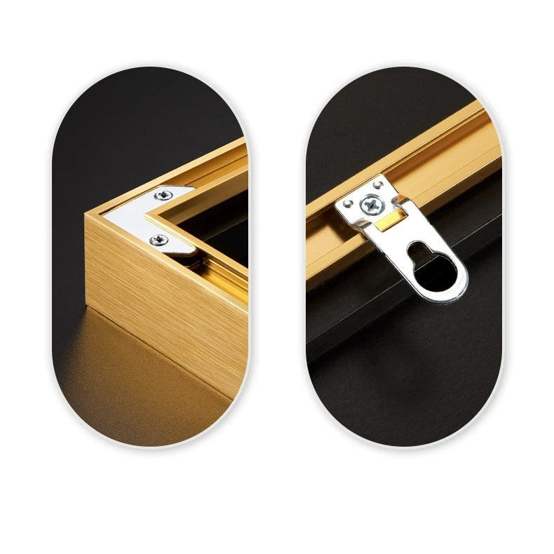 Close-up of aluminium frame corner and wall mounting hardware for decorative LED wall light