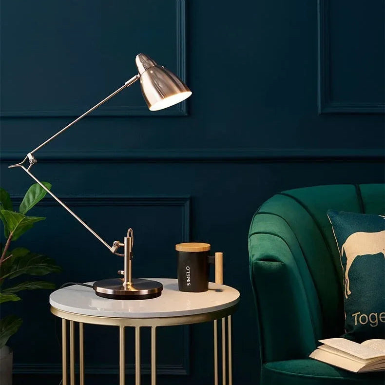 Adjustable aluminium desk lamp with long arm, brushed nickel finish, 80cm height, 70cm reach, 19cm base