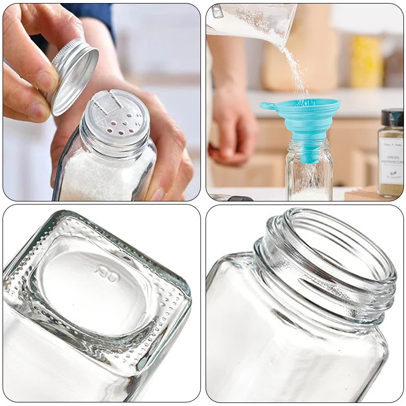 Detailed view of a square glass spice jar being filled with a blue collapsible silicone funnel.