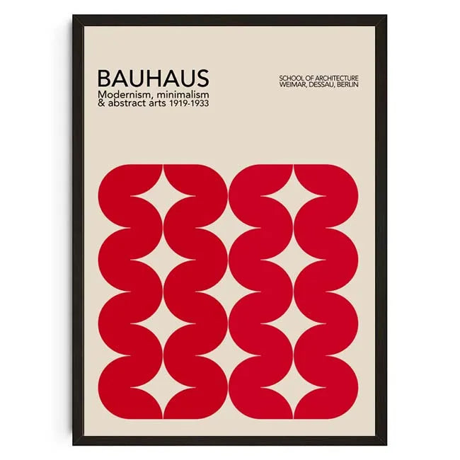 Bauhaus poster with red wavy pattern and text on a beige background