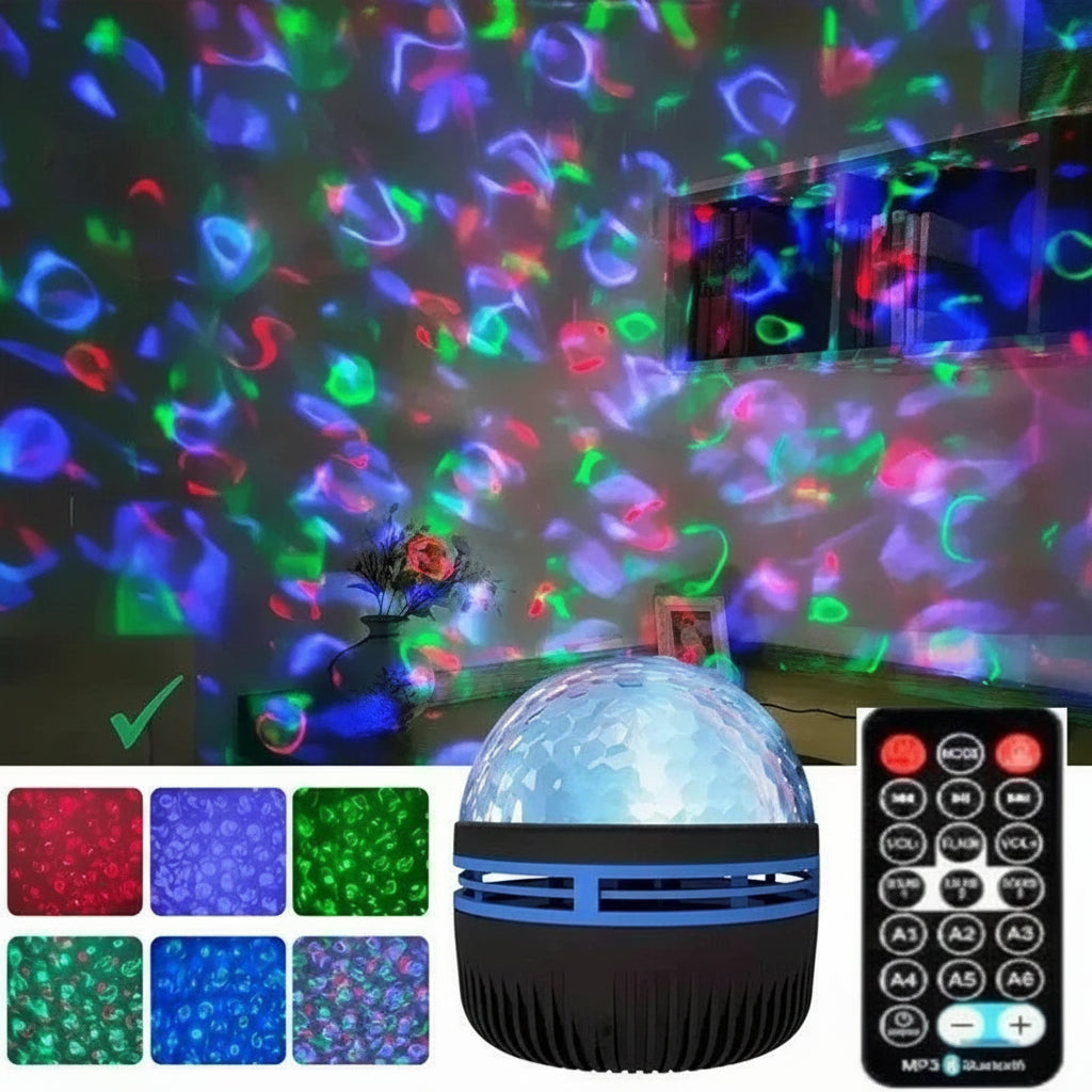 Atmospheric ball with remote control and colourful light patterns on a wall.