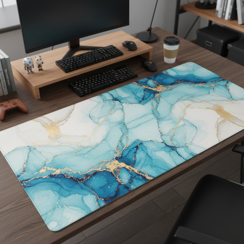 Desk setup with a large mouse pad featuring a blue and gold abstract design.