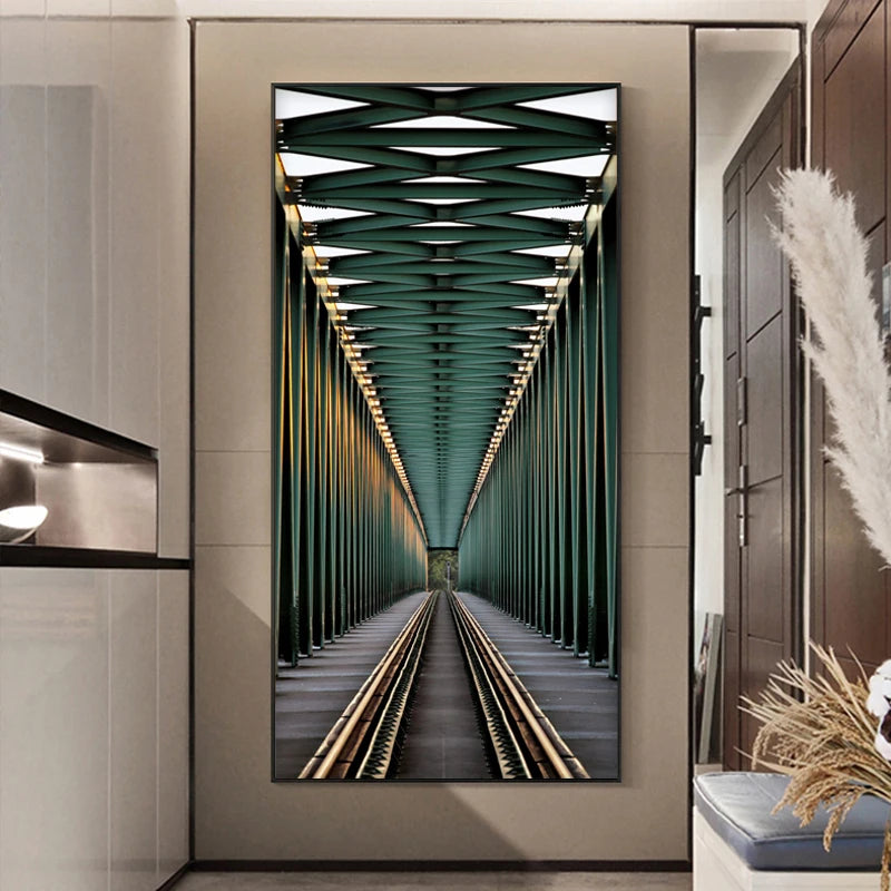 Green steel bridge corridor wall light with railway tracks