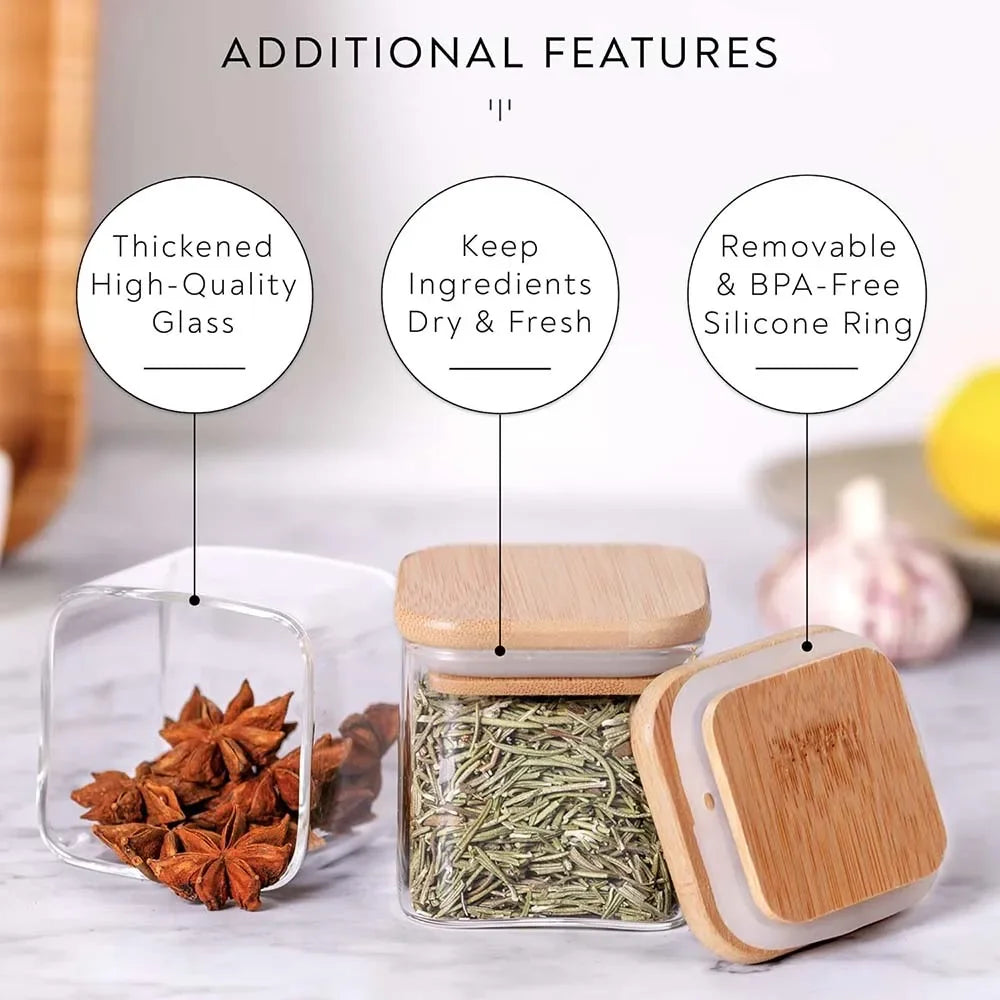 Glass containers with wooden lids, featuring text on additional features.