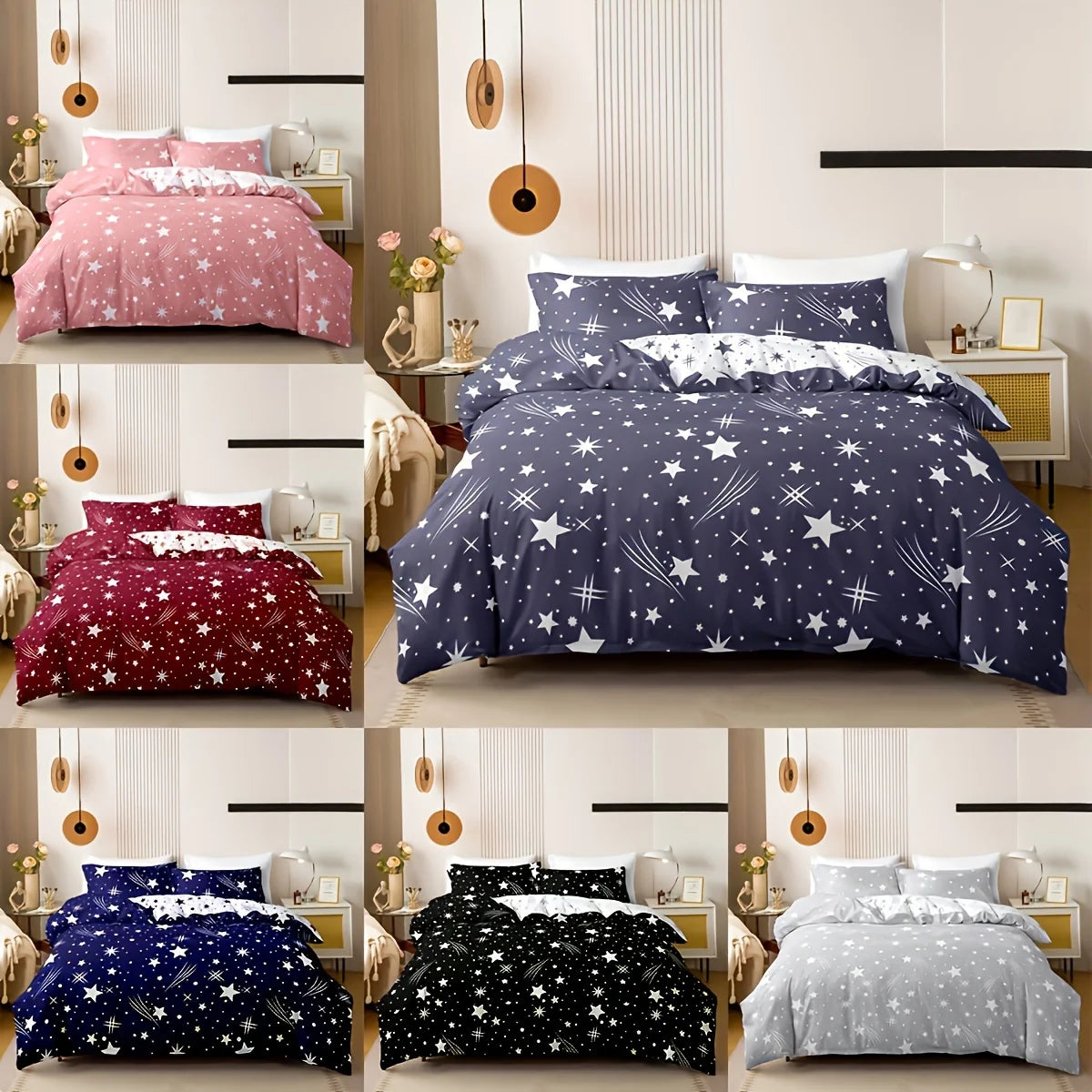 Collage of star-patterned bedding sets in various colors on a bed.