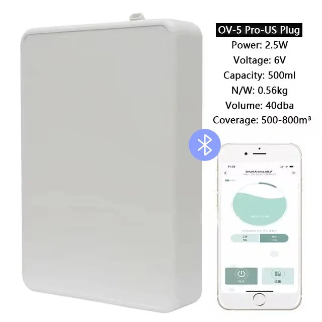 White OV-5 Pro US plug wall-mounted essential oil diffuser with smartphone app interface