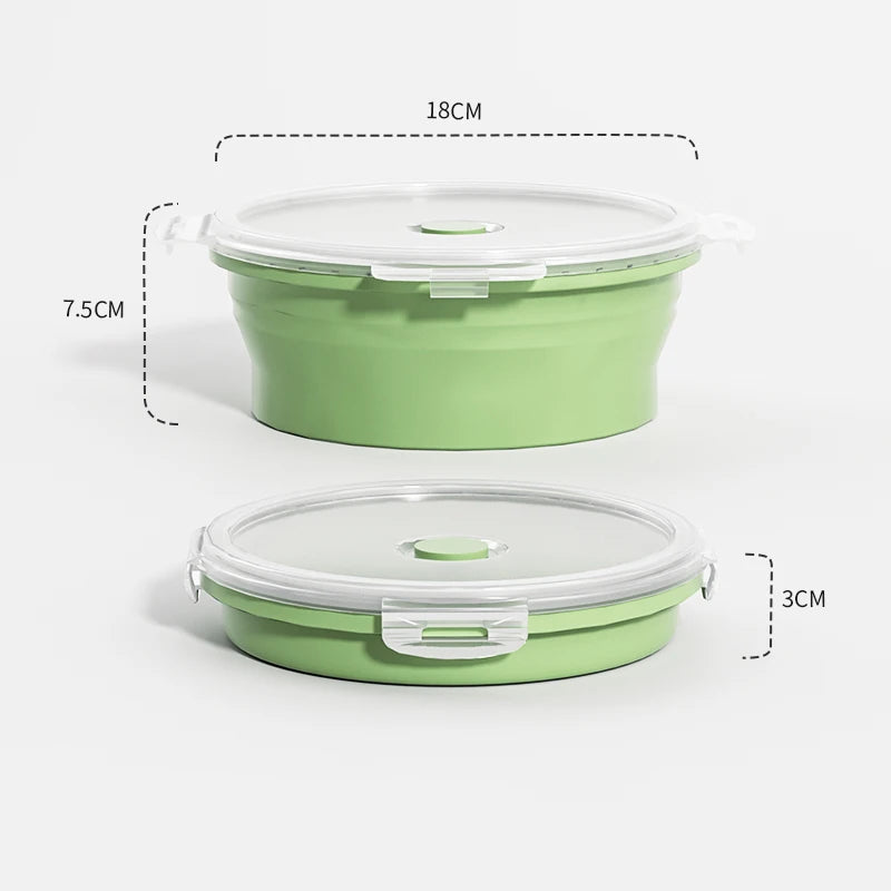 1200ml Green Round: Green round 1200ml collapsible silicone food container with clear lid, shown expanded and folded