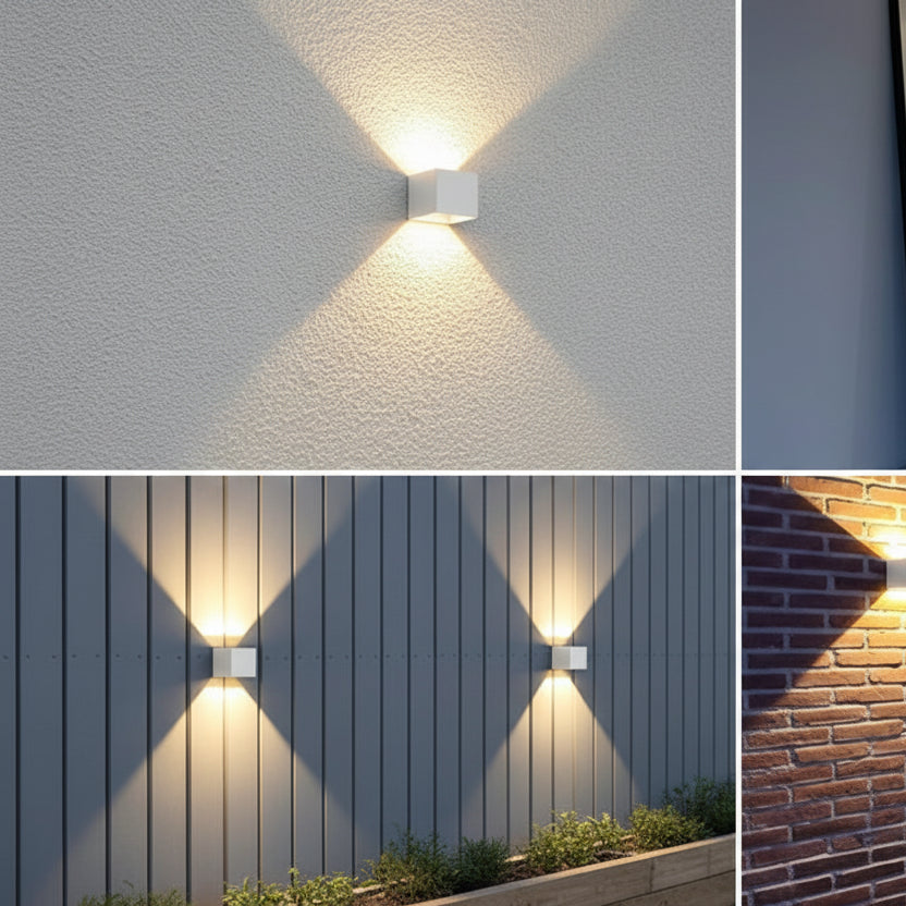 Collage of outdoor wall lights on different textured walls.