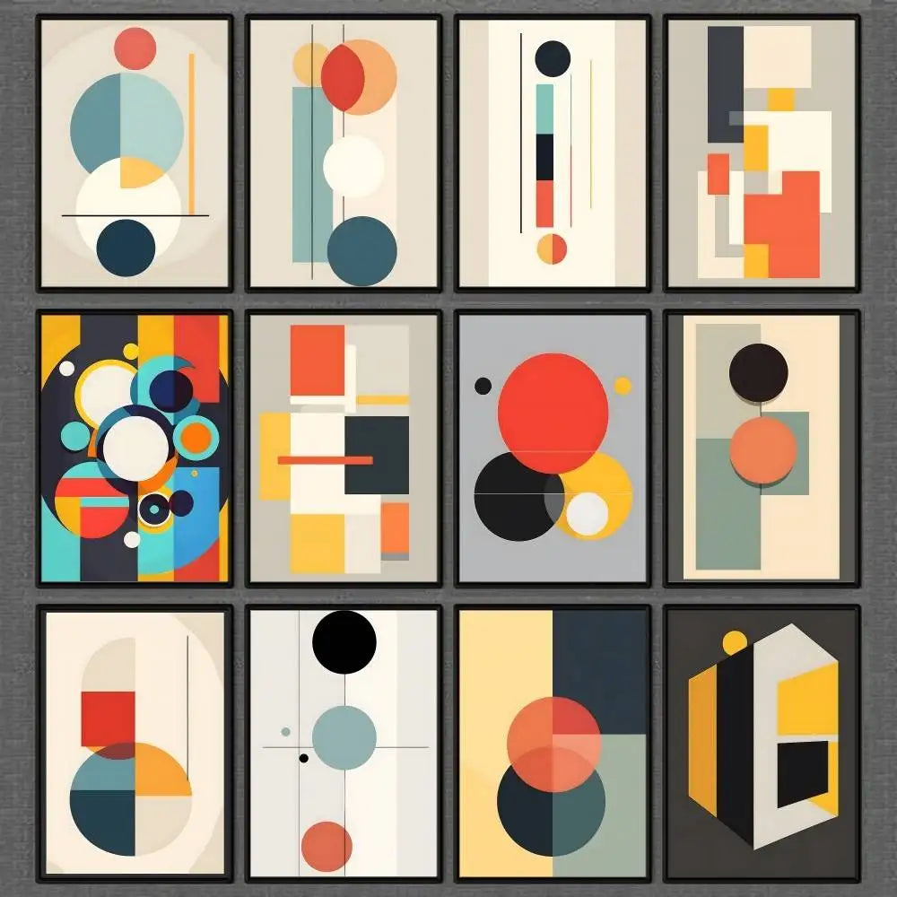 Grid of abstract geometric art prints with various shapes and colors.
