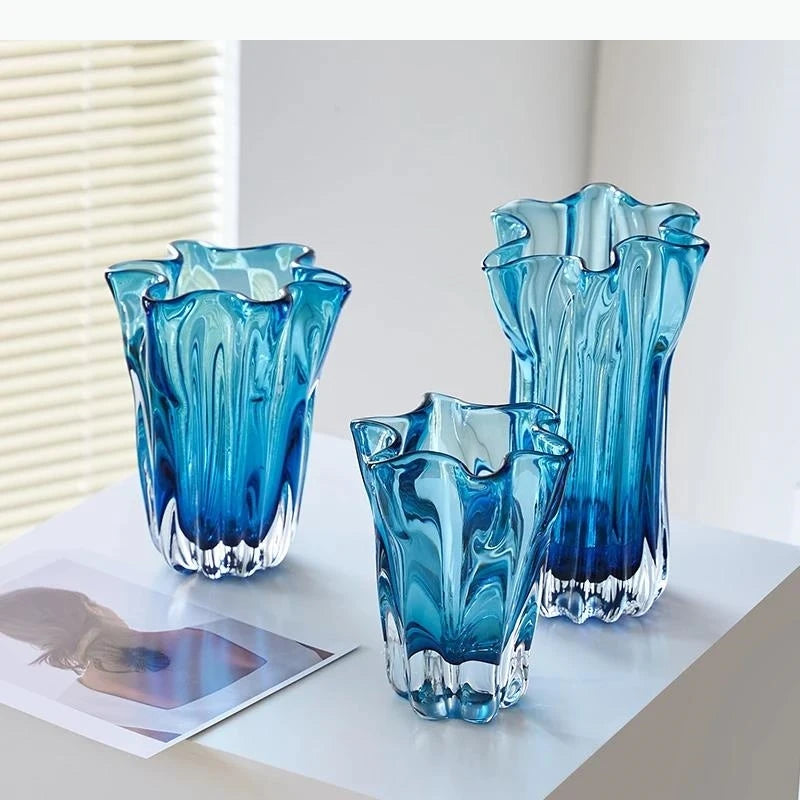 Set of three blue sculptural glass vases in S, M, L sizes