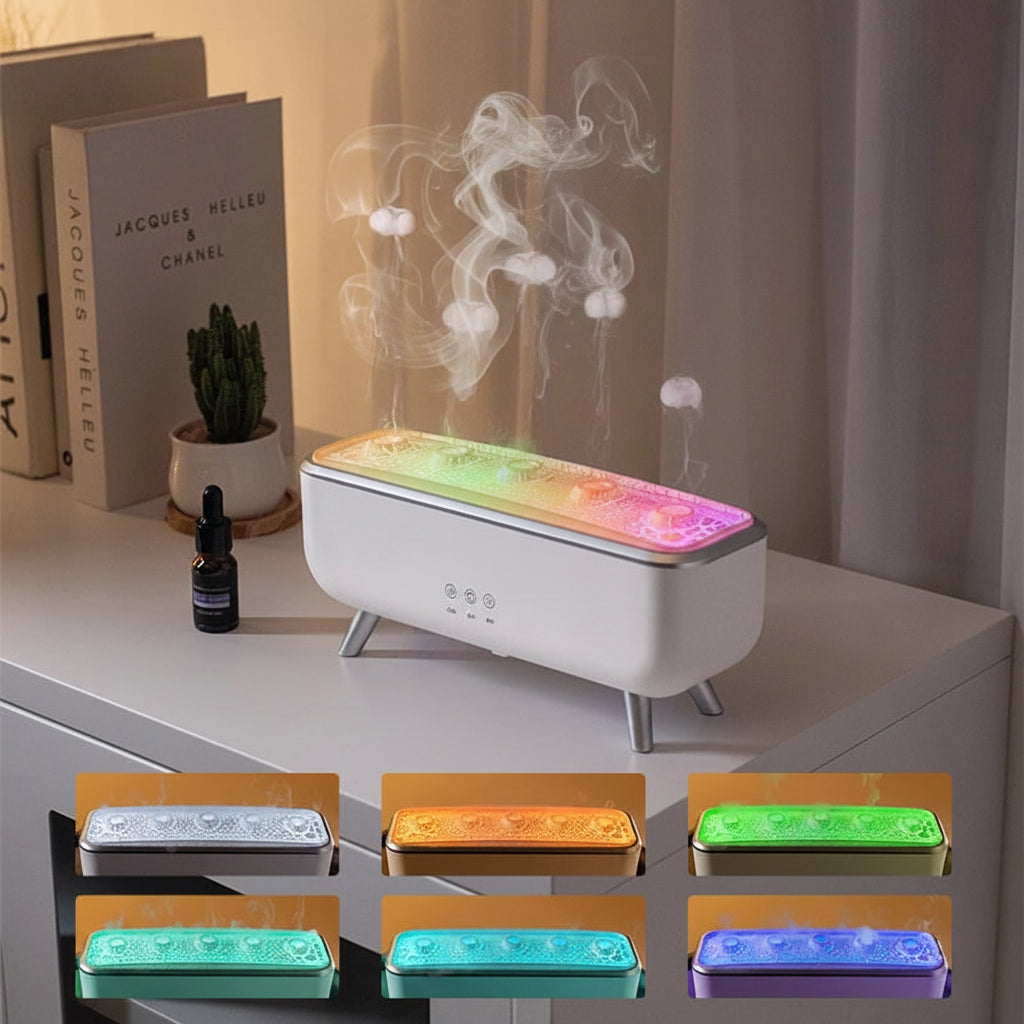 Colourful light diffuser displayed on a bedside surface with multiple lighting colours