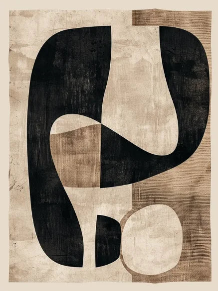 Abstract art piece with black and beige shapes on a textured background