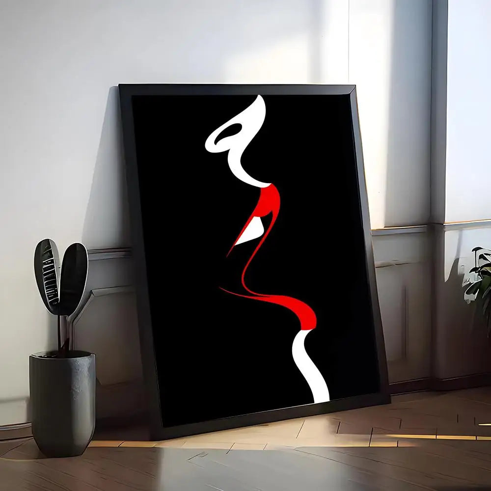 Minimalist black and red fluid line art on a black canvas background.