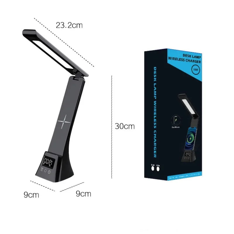 Desk lamp with dimensions and packaging on a white background