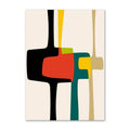 Modern abstract canvas print with overlapping cross-like shapes in black, teal, red, yellow, and beige
