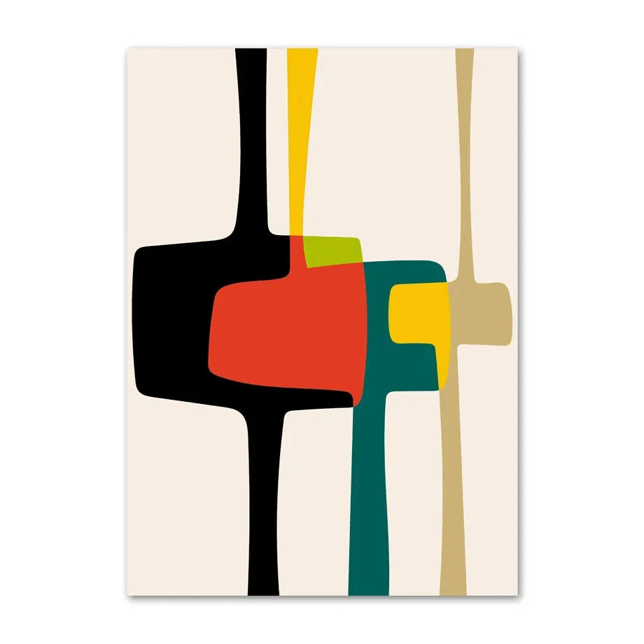 Modern abstract canvas print with overlapping cross-like shapes in black, teal, red, yellow, and beige