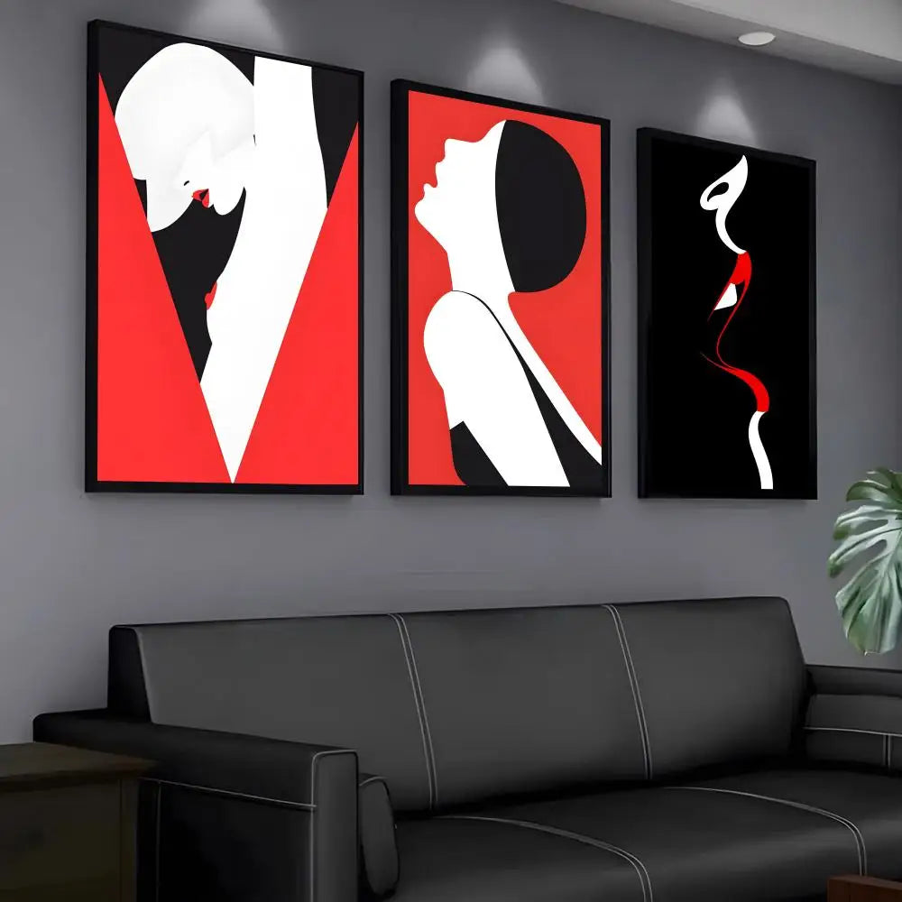 Three black, red, and white silhouette high contrast abstract prints.