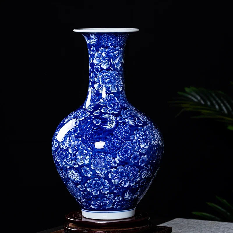 Blue and white trumpet-mouth porcelain vase with floral pattern