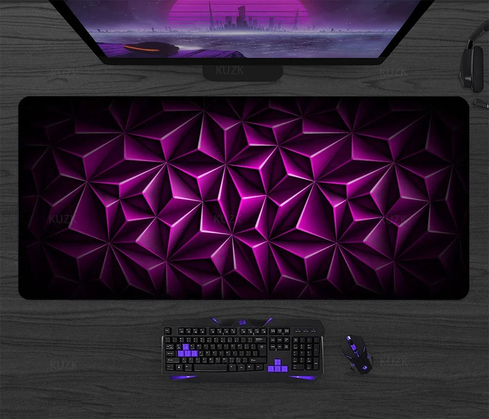 Large gaming desk mat with purple prism geometric design
