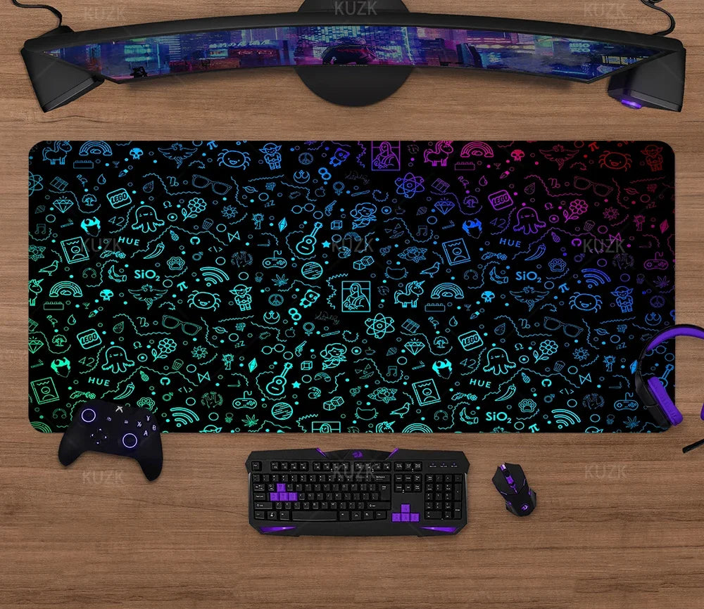 Large gaming mouse pad with colourful gaming icon pattern