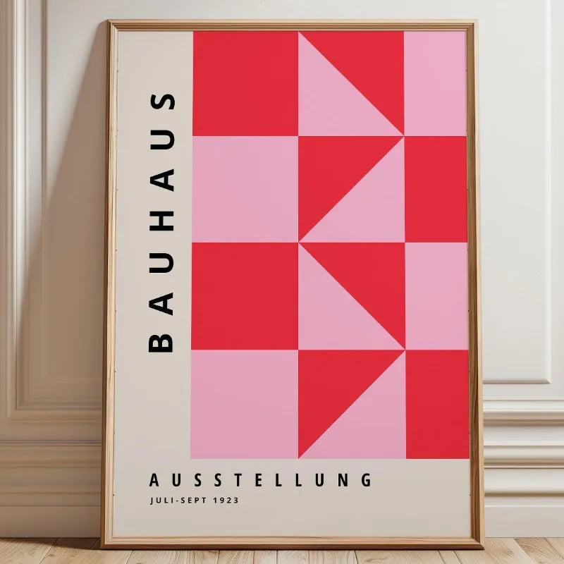 Bauhaus geometric wall print with coral and blush square grid and diagonal triangle pattern