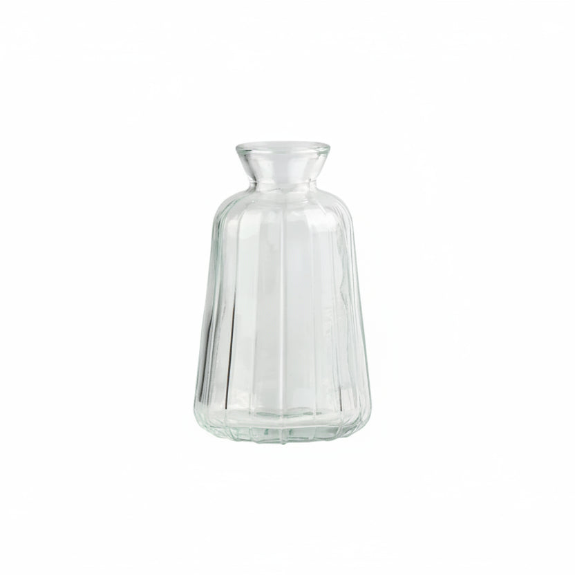Clear glass vase with dimensions labeled on a white background