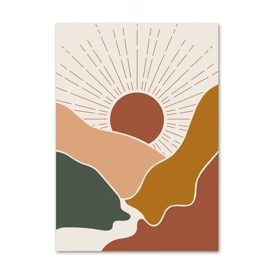 Abstract art print with a sun and wavy lines on a beige background