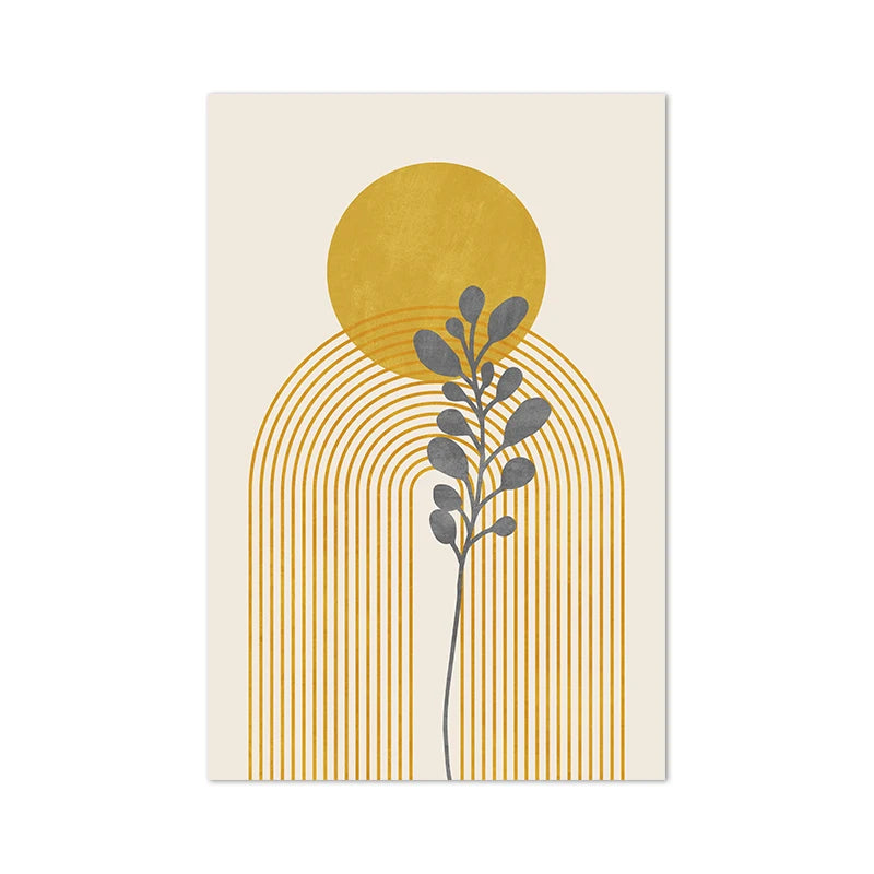 Decorative poster with a gold circle and arches on a beige background