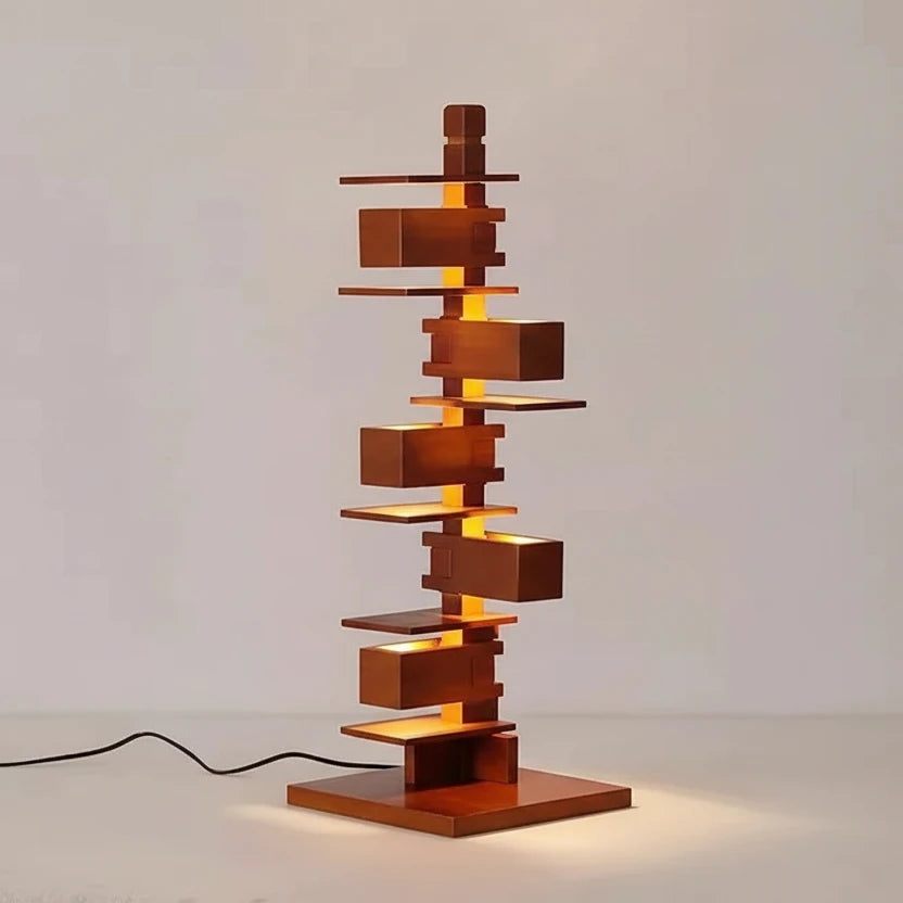Rosewood grain sculptural table lamp with layered platform design, 70cm height and G9 x 6 light source