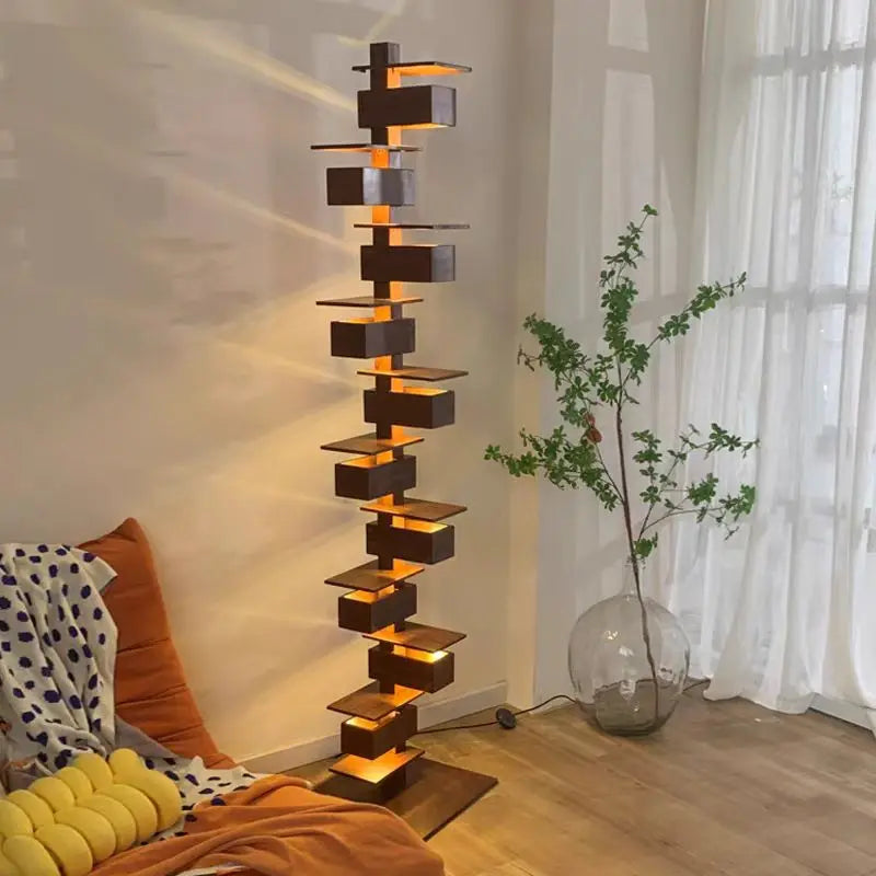 Gun black geometric floor lamp with tall stacked design, 182cm height and square base