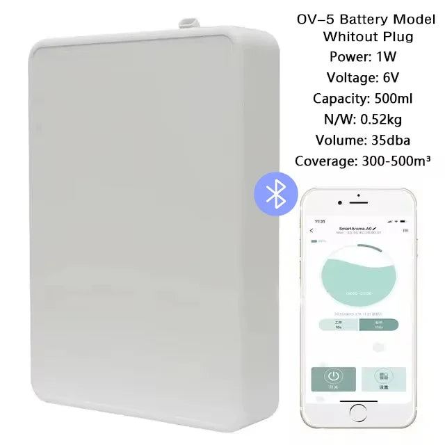 White OV-5 battery model wall-mounted essential oil diffuser without plug and smartphone app interface