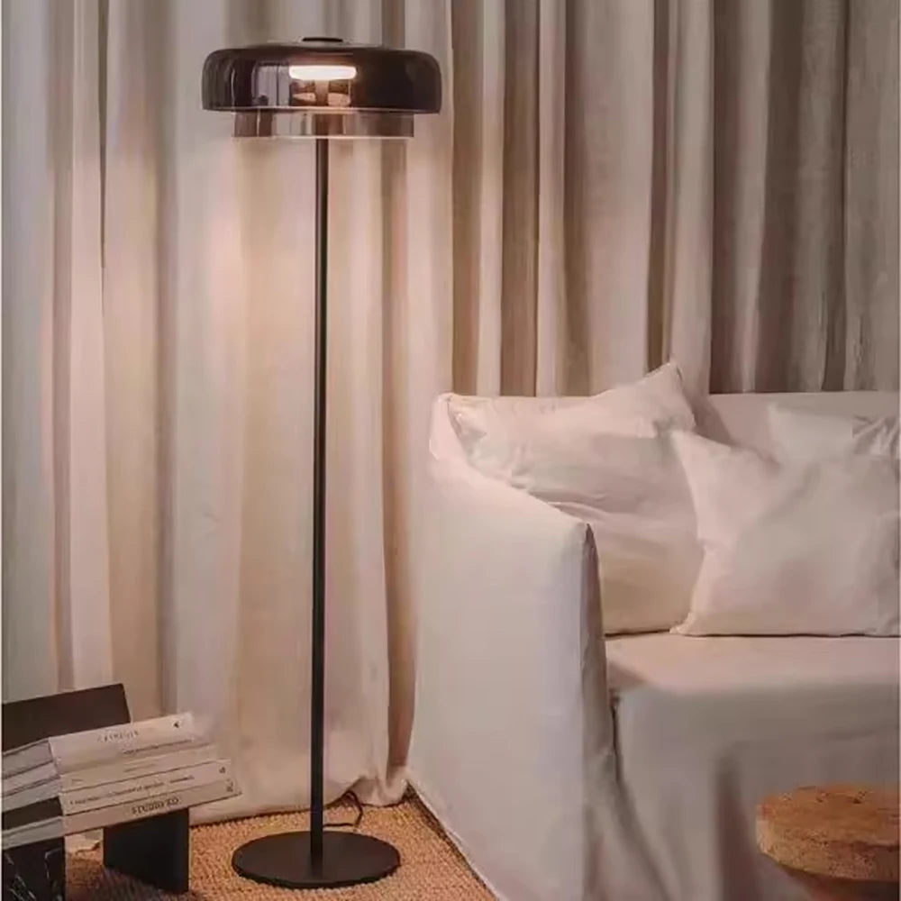 Double-layered smoked grey glass floor lamp with a chrome base showing 145cm height and 42cm width dimensions.