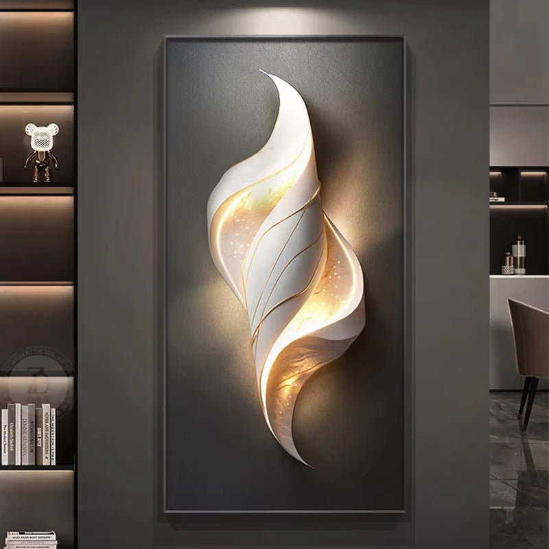 White sculptural LED wall art with flame-like swirl and glowing gold interior detail on a brown textured background