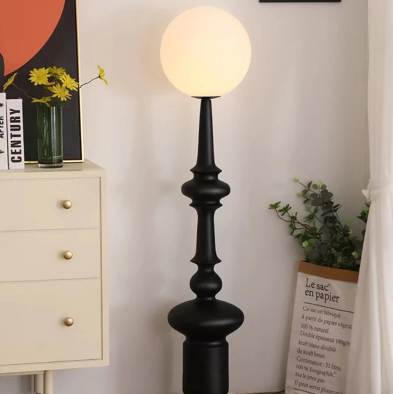 Black globe floor lamp with totem base, frosted shade, D30cm x H136cm, E27 LED