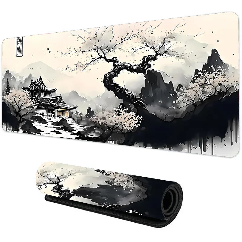 XL mouse pad with ink wash blossom tree, pagoda, and mountain scene on a cream background, flat and rolled