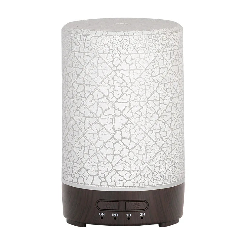 150ml white crackle-textured aromatherapy diffuser with a dark wood-grain base.
