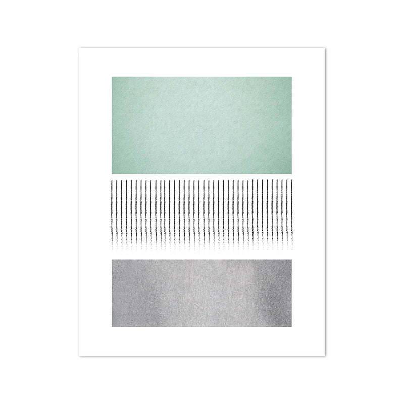 Abstract art print with geometric shapes in green, black, and gray on a white background
