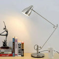 Adjustable aluminium desk lamp with long arm, brushed nickel finish, 80cm height, 70cm reach, 19cm base