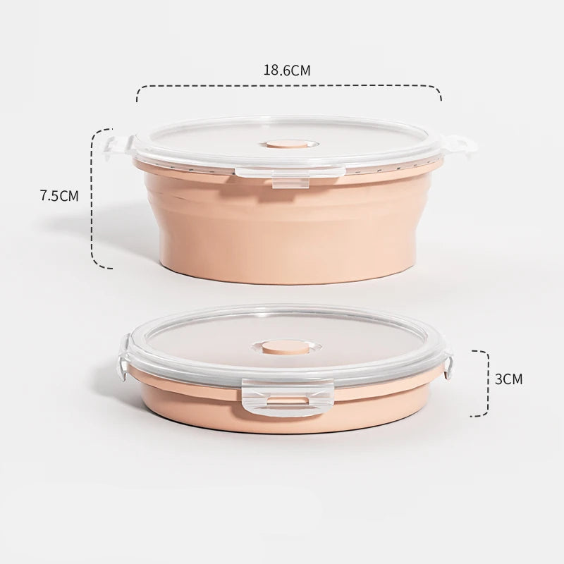 1200ml Pink Round: Pink round 1200ml collapsible silicone food container with clear lid, shown expanded and folded